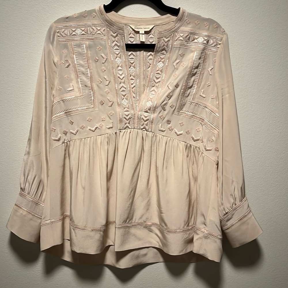 REBECCA TAYLOR Light Pink/Cream 100% Silk Embroidered Blouse, Size 2 (Fits 2/4)